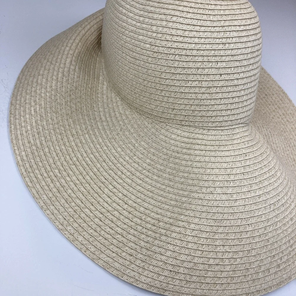 H&M Hat Women Tan Paper‎ Straw Wide Brim Sun Hat Frayed Edge S/54